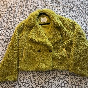 Anthropologie Chartreuse Faux Fur Coat